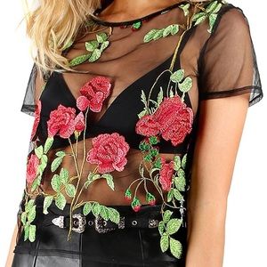 NWOT Sheer top with floral embroidery